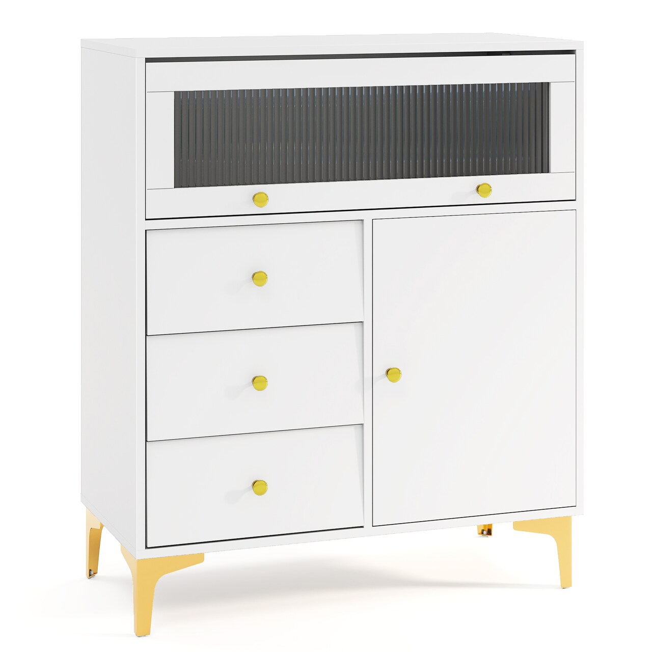 Grey Engineered Wood Cabinet with Tempered Glass Door, 3 Drawers and Adjustable Shelf